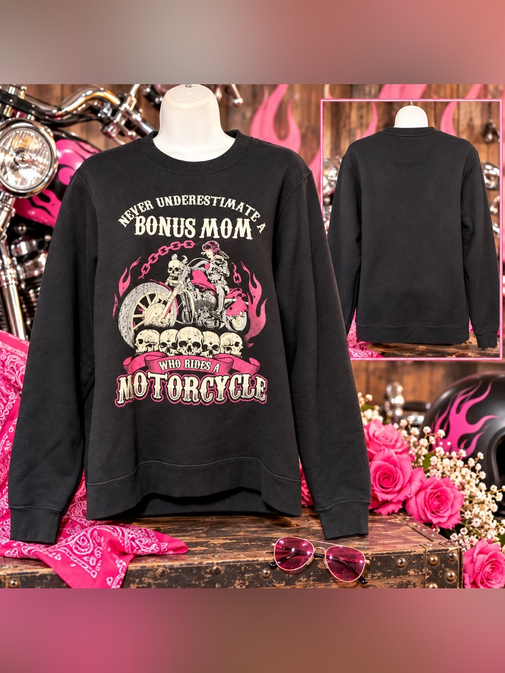 "Bonus Mom" Motorcycle Graphic Sweatshirt | Size Small